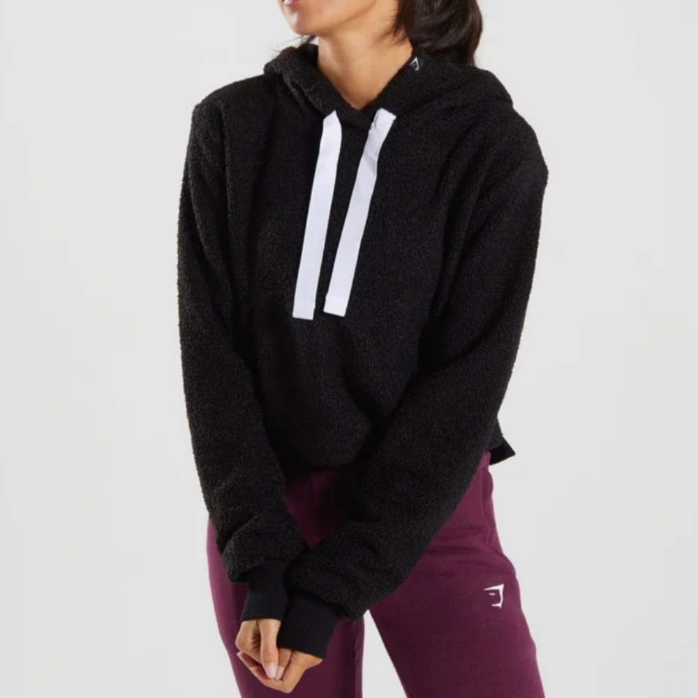 GYMSHARK Borg Black Cropped Hoodie Size Small